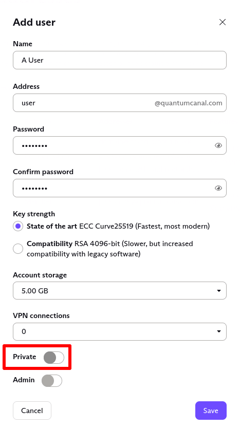 Screenshot of adding a new private user