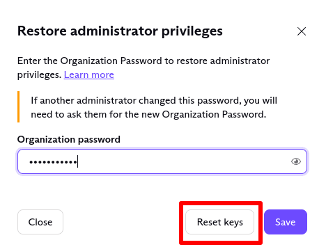 Reset organization password