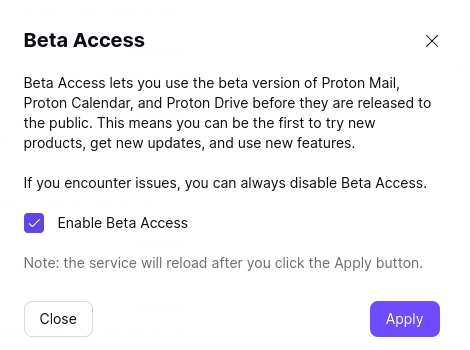 Confirm that you with to enable beta access