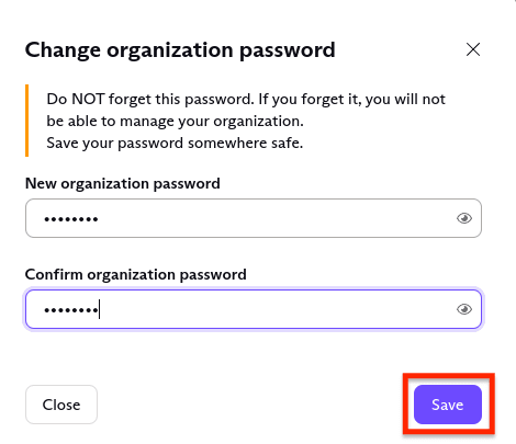 Boxes to change your organization password with Save button