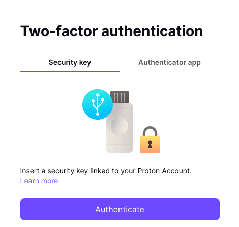 Fenêtre d'authentification à deux facteurs de Proton vous donnant la possibilité d'utiliser une clé de sécurité U2F ou une application d'authentification.