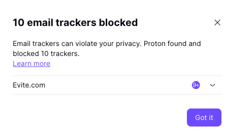 Email tracker window showing details of the email tracker Proton Mail has blocked