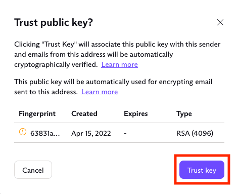 Trust key button to allow associating this public key with this sender