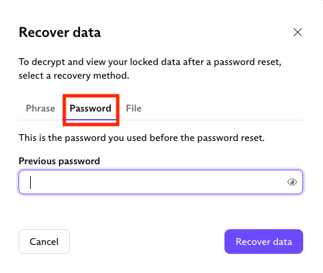 Box to enter password to recover your data