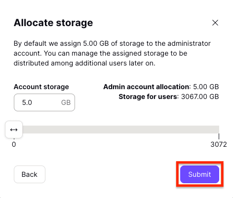 Allocate storage window with Submit button