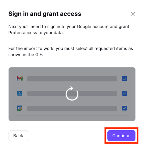 Continue button to sign in and grant Proton access to your Gmail