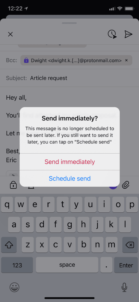 Popup warning asking if you want to send the message immediately or schedule sending for later