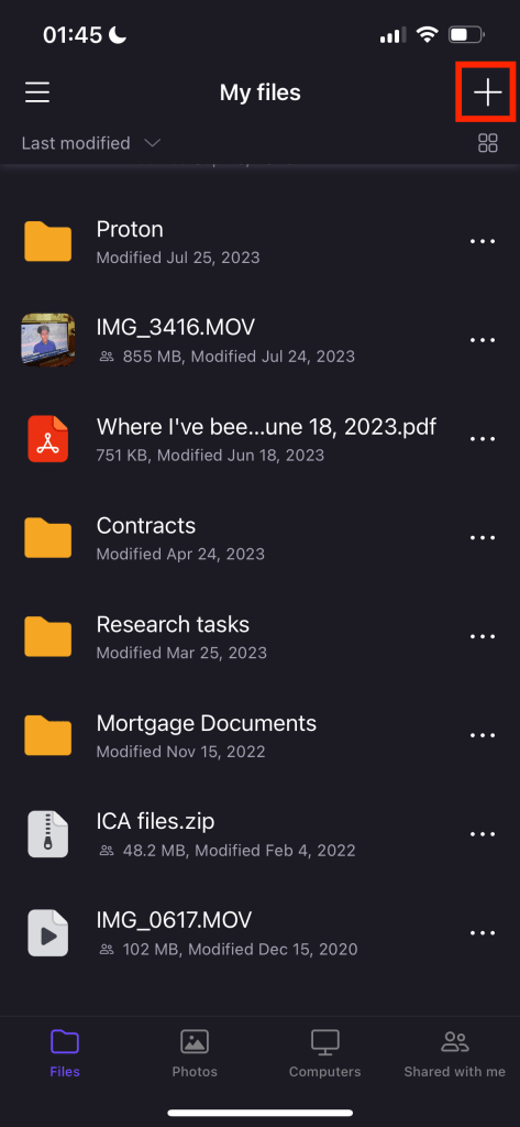 The Proton Drive "Files" section, highlighting the "+" button that opens a menu with importing options