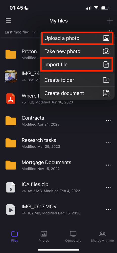 The Proton Drive menu with options for adding new content, highlighting "Upload a photo" and "Import file"