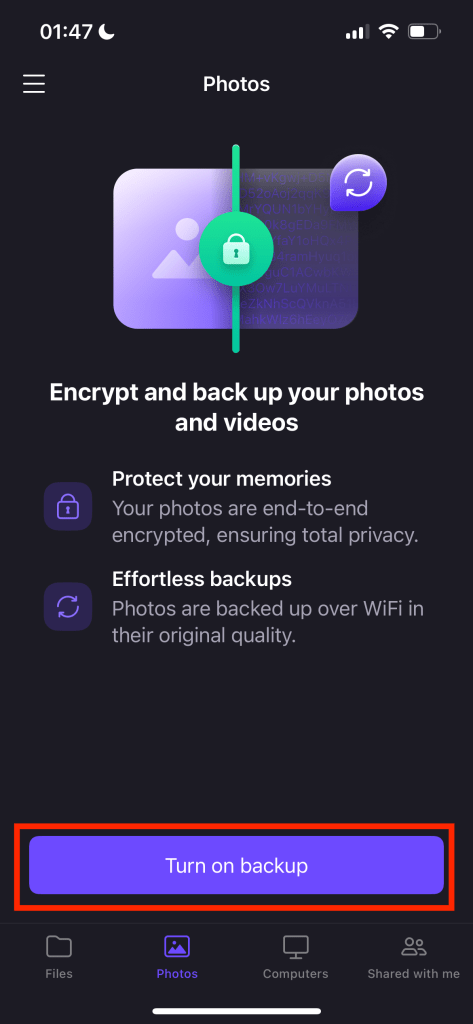 The Proton Drive "Photos" section, highlighting the "Turn on backup" button