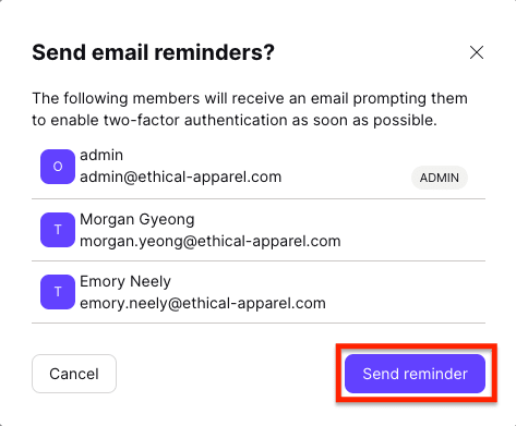 List of email addresses your 2FA reminder will be sent to plus Send reminder button