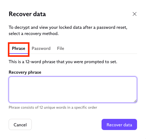 Box to enter your recovery phrase to recover your data