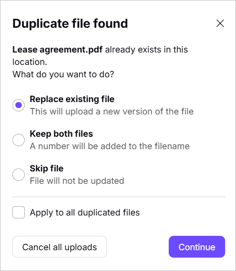 Proton Drive shows the duplicate file found dialog