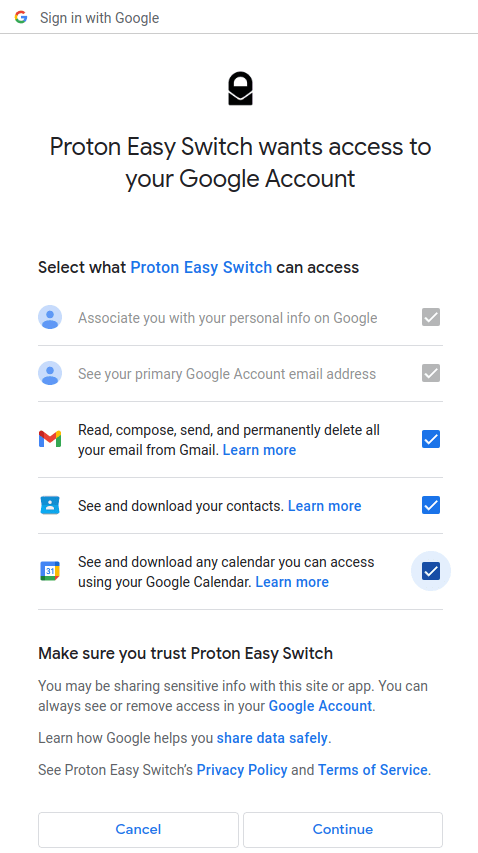 Proton Import Assistant wants additional access to your Google Account