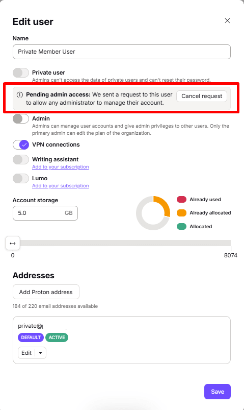 Pending admin access when switching private user to non-private.