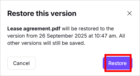 Proton Drive asks for confirmation to restore a file version