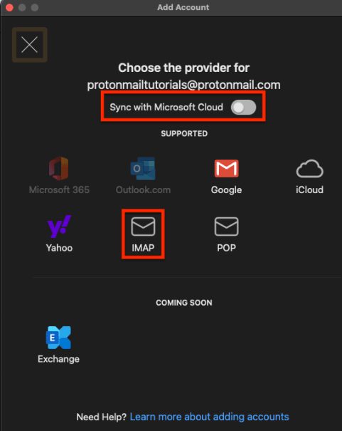 Sync with Microsoft Cloud switch and IMAP button