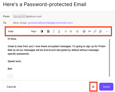 Formatting buttons to format a reply to a Password-protected email from Proton Mail