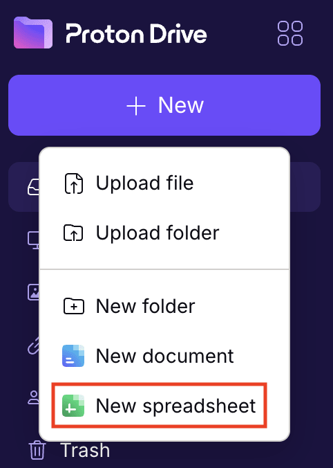 How to create a new spreadsheet from the Proton Drive dashboard