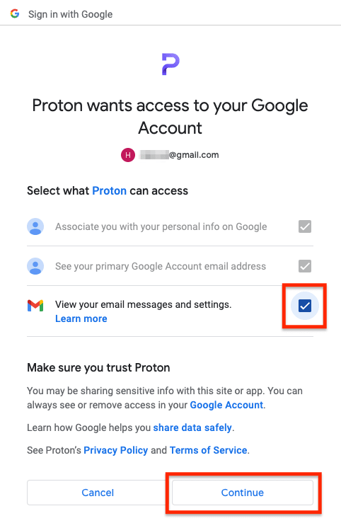 Google's permission screen showing the box you need to check and Continue button