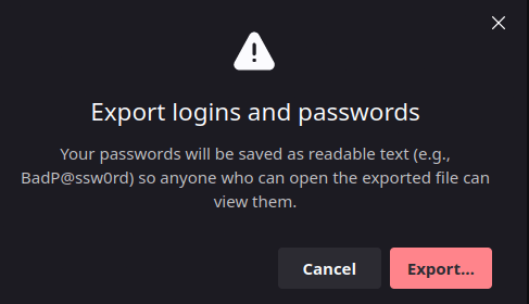 Conform that you wish to export for logins and passwords