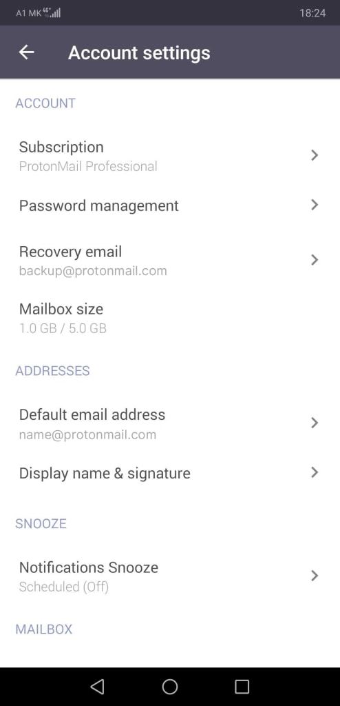 Screenshot of Account settings menu in Proton Mail for Android.