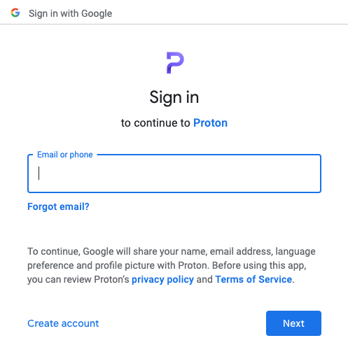 Sign in with Google window to log in to the Google Account you would like to forward to Proton