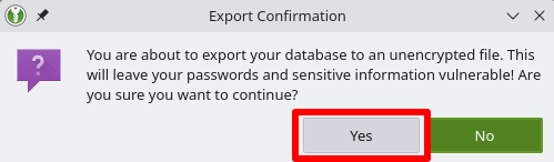 Confirm export at the warning dialog