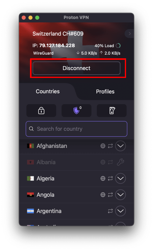 The Disconnect button on macOS