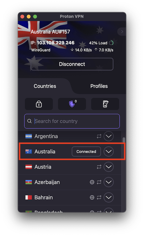 Connect to any server in Australia
