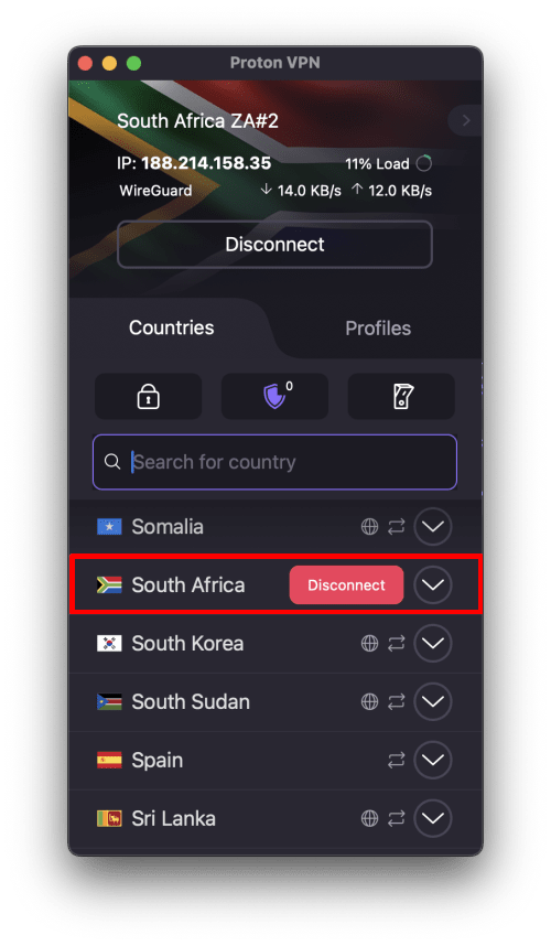 Connect to any server in South Africa