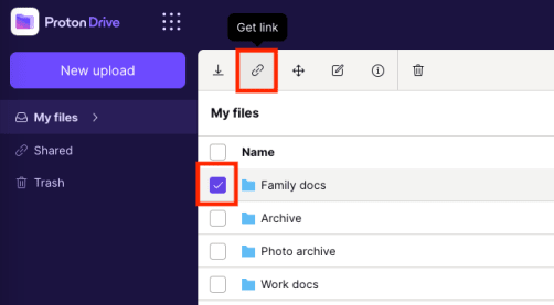 Proton Drive "get link" button