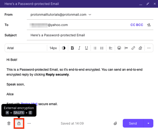 Pulsante di crittografia esterna per proteggere con password un'email con crittografia PGP in Proton Mail