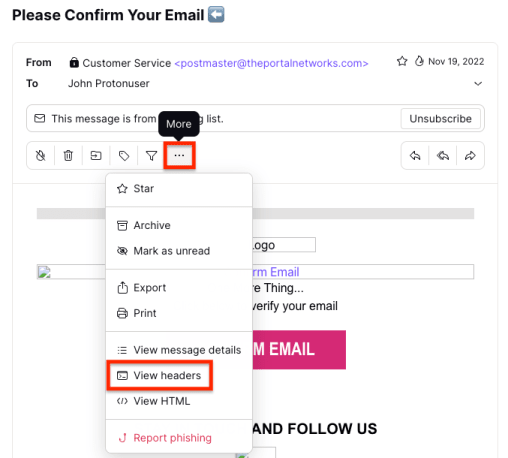 View headers option in Proton Mail so you can trace the email source IP address