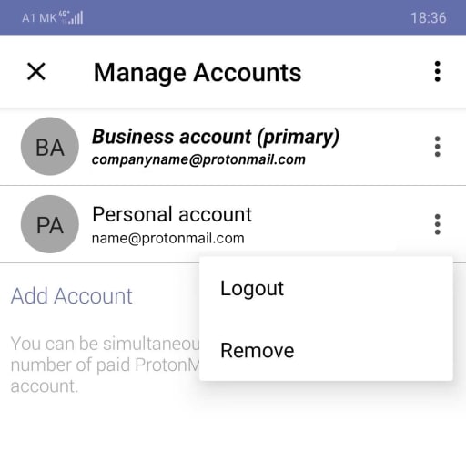 Screenshot of how to add or remove accounts from app in Proton Mail for Android.