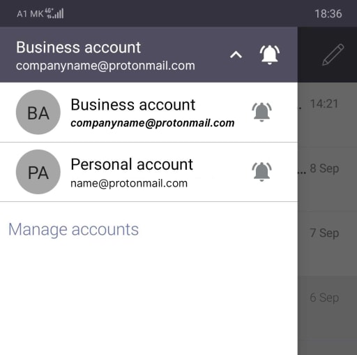 A screenshot of multi-account support in Proton Mail for Android.