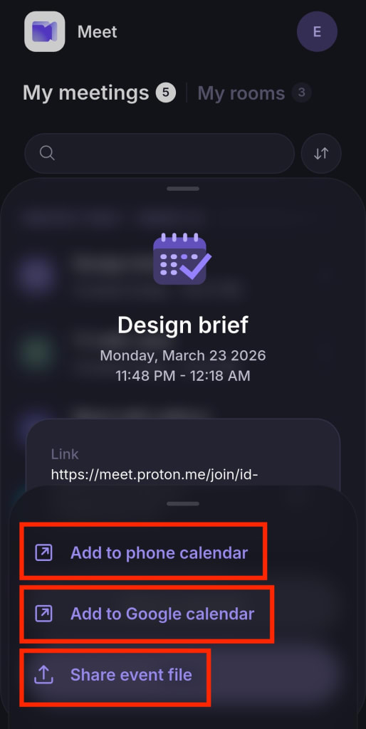Adding a scheduled meeting to your calendar using the Proton Meet mobile app for Android and iOS