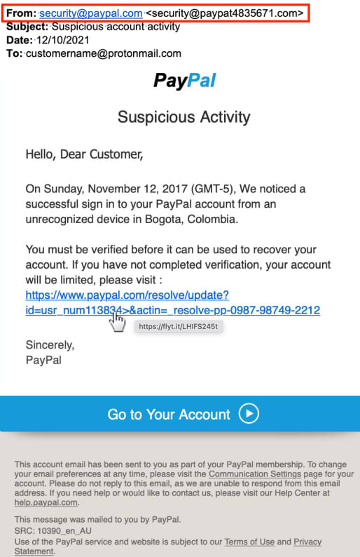 Exemple d'usurpation d'adresse e-mail&nbsp;: faux e-mail PayPal avec champ De usurpé