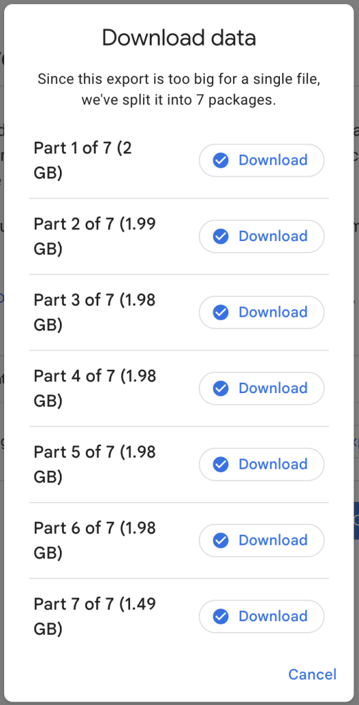 A screenshot of a list of confirmed downloads from Google Takeout