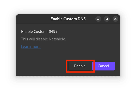 Confirm that you wish to enable custom DNS