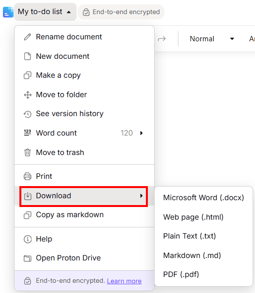 Proton Docs shows the types of files you can download as