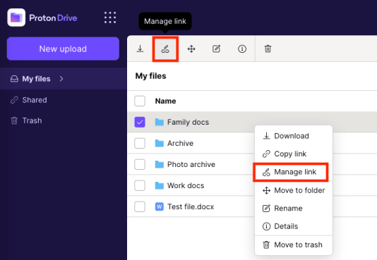 Manage link button to change the privacy settings or delete your shareable link