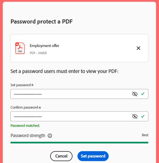 The Adobe web tool shows the PDF password protection options