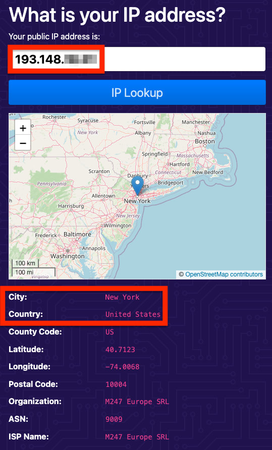 our free secure IP scanner website showing your current IP address, city, and country - a way to check you IP address when streaming