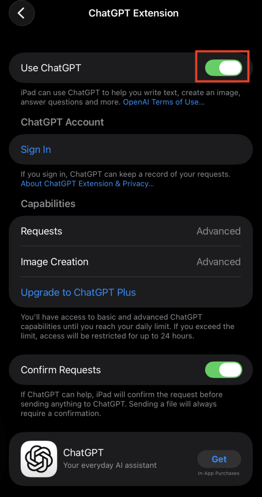 Toggle off Apple Intelligence extensions (ChatGPT)