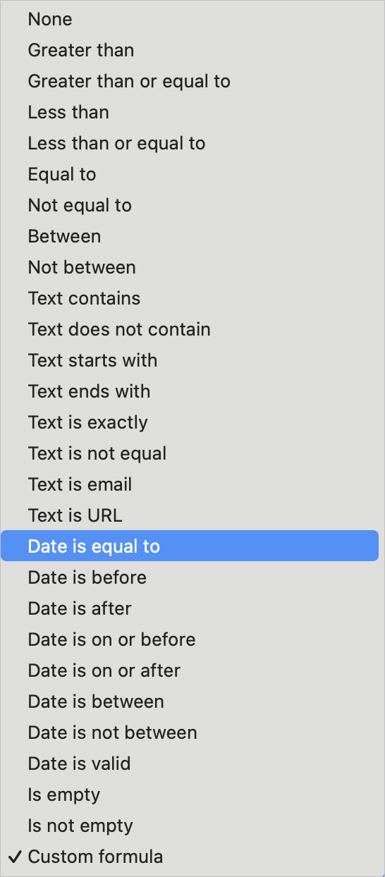 The rule types of conditional formatting in Proton Sheets