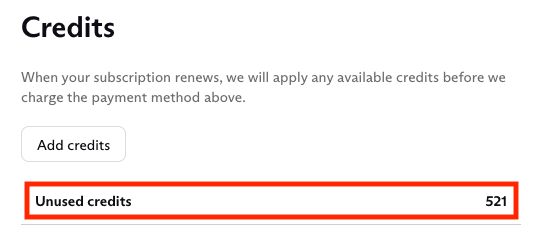 Credits section of Dashboard showing unused credits