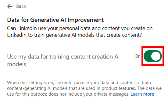 LinkedIn shows how to toggle the setting for content creation AI models