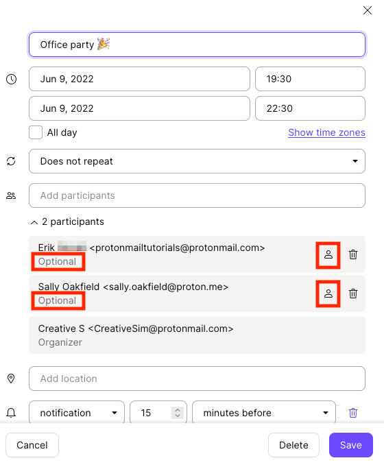 List of participants showing Optional label against the names of those whose attendance is optional