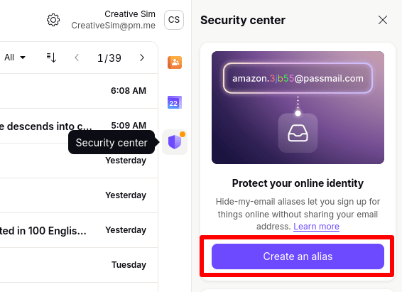 Create an alias in the Proton Mail security center